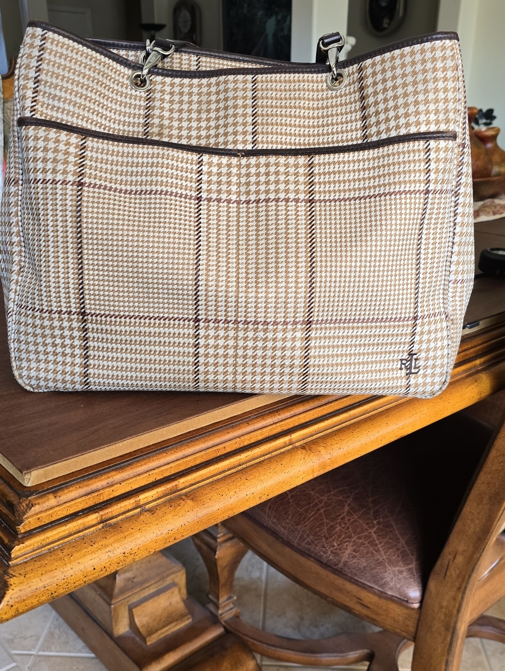 Lauren Ralph Lauren Vintage Tan and Cream Houndstooth Satchel